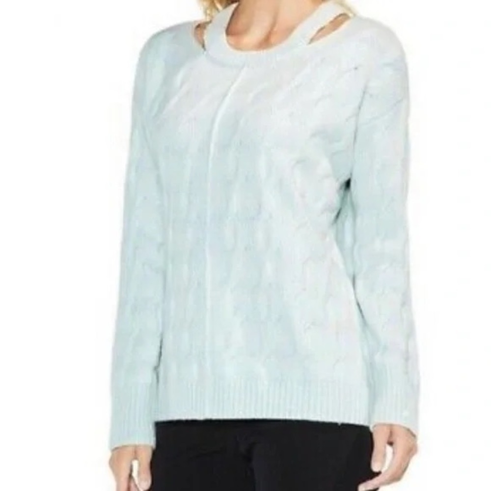 Vince Camuto NWT Pullover Luxe Aqua Mist Cable Knit Crew Neck Cut Out Sweater